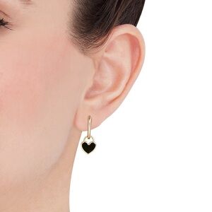 Gold Black Heart Locket Huggie Enamel Earrings